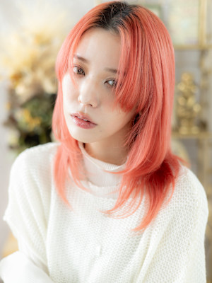 アプリコットオレンジ小顔姫カットレイヤーウルフシャギーカット