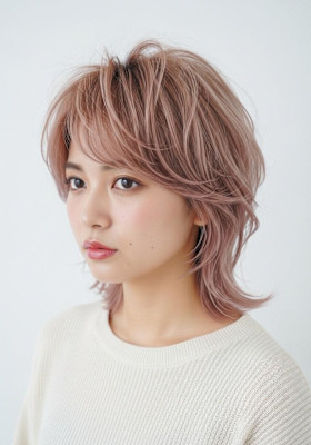 シャギーウルフ/ピンクミルクティー/大人可愛い系カット