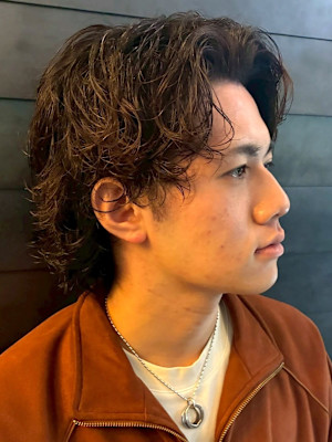 ミディアムパーマ ニュアンスパーマ ブラウン サイドパート