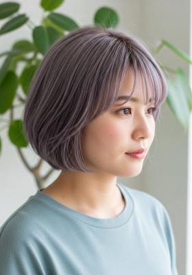 レイヤーボブ/ラベンダーグレー/大人かわいい/顏まわりボブ