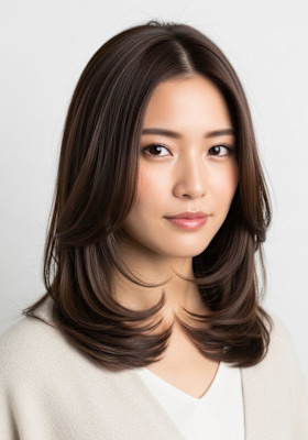 セミロングレイヤー/モカブラウン/内はねレイヤー/大人可愛い