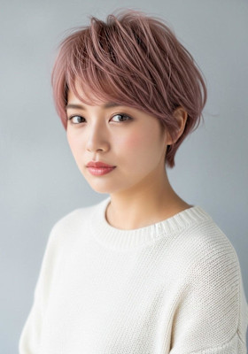 シャギーショート/ピンクミルクティーベージュ/ボーイッシュ　