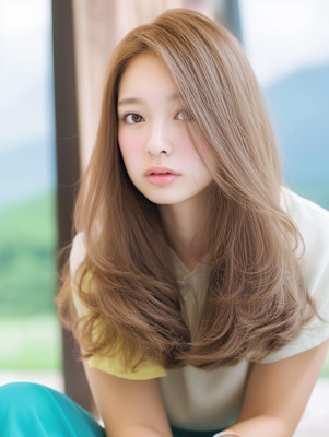 透明感ベージュの韓国風レイヤーロング