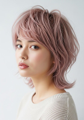 シャギーウルフ/大人可愛いカット/ピンクミルクティーベージュ