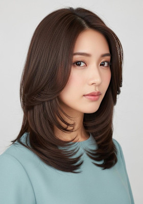 セミロングレイヤー/モカブラウン/内はねレイヤー/大人可愛い