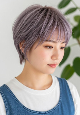 シャギーショート/ラベンダーグレー/ボーイッシュボブ/耳かけ
