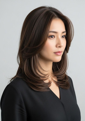 セミロングレイヤー/モカブラウン/大人可愛い/顏まわりロング