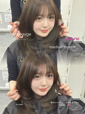 大人可愛いミディアムレイヤー/グレージュヘア