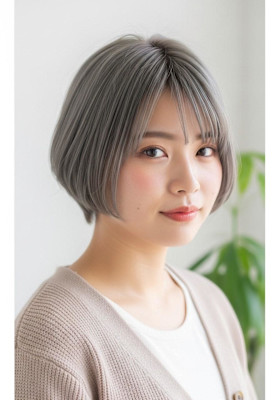 丸みショートボブ/ミルクティーベージュ/可愛い系/顔周りボブ
