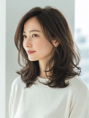 ミディアム/レイヤー/くびれ/ブラウンカラー/トリートメント