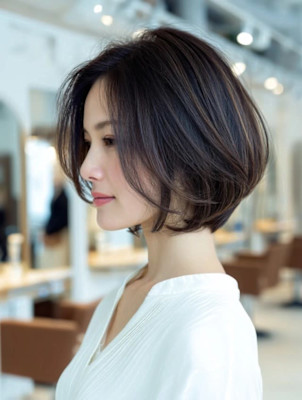 ショートボブ/くびれレイヤー/白髪ぼかしカラー/ブラウン