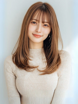 ブラウンベージュ レイヤーカット 顔周りカット 30代