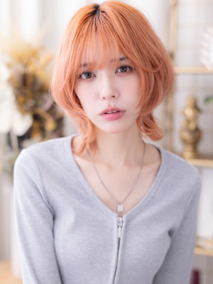 ハッシュカットコーラルピンク小顔シャギーウルフくびれレイヤb