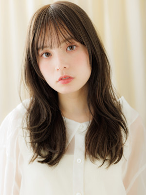 ダークアッシュブラウン韓国巻き小顔レイヤーロング30代40代