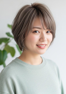 ミディアムレイヤー/ラテグレージュ/前髪あり顔周りレイヤー