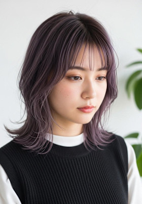 ミディアム/ハッシュレイヤー/ダークラベンダー/大人可愛い