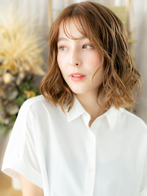 外国人風ドライパーマ小顔エアリーミディアムコテ巻き風パーマb