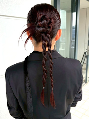 ヘアセット 編みこみ アップスタイル お団子 編み下ろし