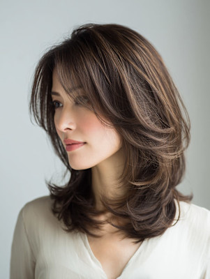 ミディアムレイヤー/白髪ぼかし/ハイライト/暗髪ブラウン/艶