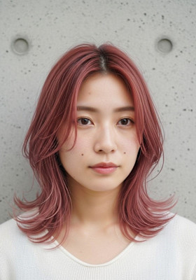 ミディアムレイヤー/セミロング/コーラルベージュ/大人可愛い