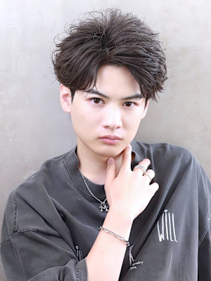 メンズシースルーマッシュフェザーパーマ