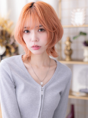 ハッシュカットコーラルピンク小顔シャギーウルフレイヤーボブb