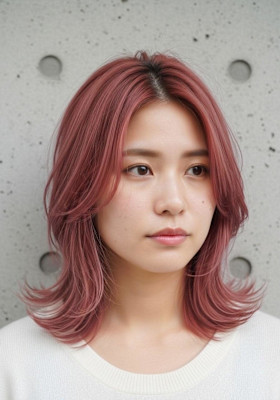 ミディアムレイヤー/コーラルベージュ/外はねセミロング