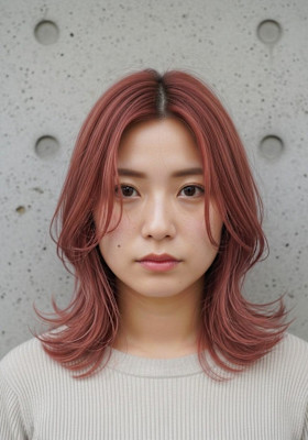 ミディアムレイヤー/コーラルベージュ/外はねセミロング