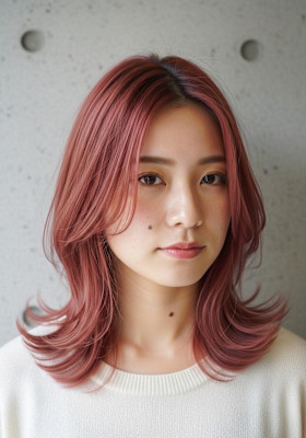 ミディアムレイヤー/コーラルベージュ/外はね可愛いセミロング