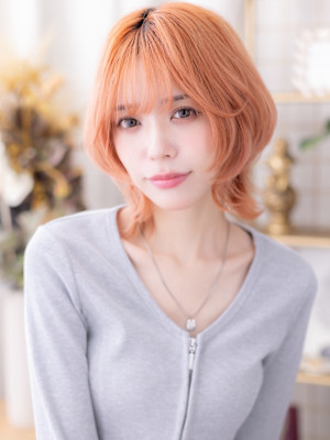 ハッシュカットコーラルピンク小顔シャギーウルフクビレイヤーb