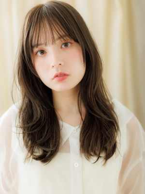 ダークアッシュブラウン韓国巻き小顔レイヤーロング30代40代