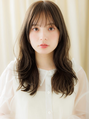 ダークアッシュブラウン韓国巻き小顔レイヤーロング30代40代