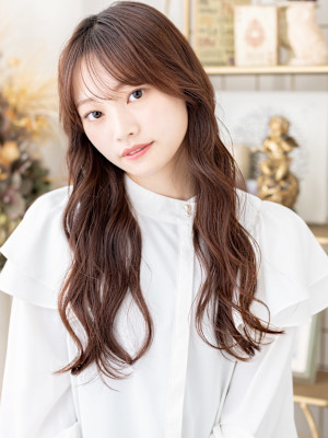 ミルクグレージュブリーチなし小顔コテ巻き風パーマ　ワンレンb
