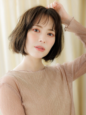 ダークアッシュブラウン大人美人立体感ゆるふわボブ30代40代