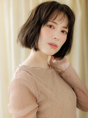 ダークアッシュブラウン大人美人立体感ゆるふわボブ30代40代