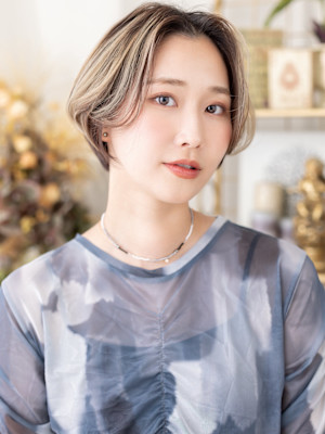 韓国風アンブレラカラー小顔レイヤーボブショートゆるふわボブb