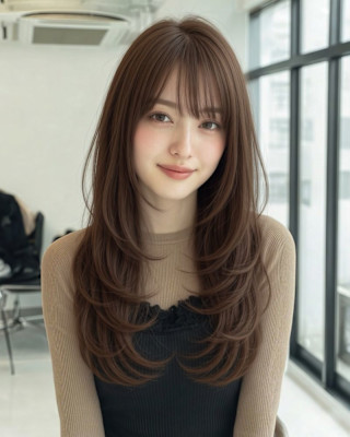 アッシュブラウンカラーレイヤーカット韓国ヘアロングレイヤー
