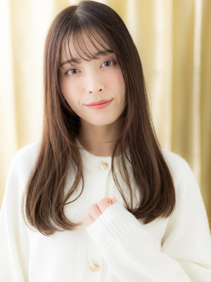 美髪グレージュブラウン顔周りカットレイヤーロング30代40代