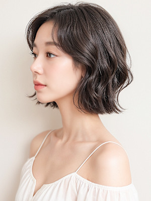 暗髪抜け感ウェットヘア前髪パーマこなれボブp2　ゆるふわボブ