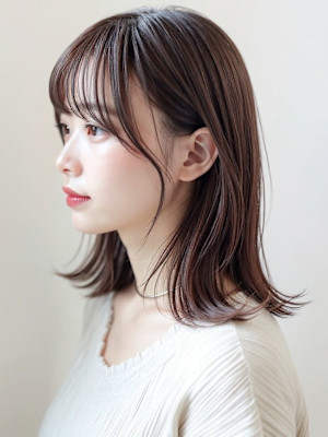流し前髪ヘーゼルグレージュ透け感セミディp2　ヨシンモリ