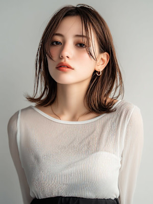 ミディアム 外ハネ フェイスレイヤー アッシュカラー 20代