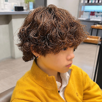 メンズカットウルフブラウンカラー60%シャドウパーマ
