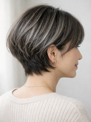 ◇大人40代50代60代ショートボブ丸みショート白髪ぼかし