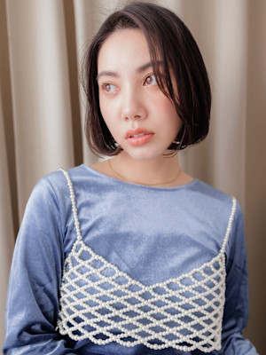 黒髪アップバング大人美人ワンレン小顔かきあげボブ20代30代