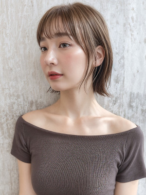 パールベージュ切りっぱなしぱっつんボブp2　オリーブベージュ