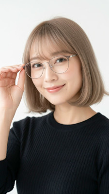 大人可愛い抜け感グレージュボブ×メガネ