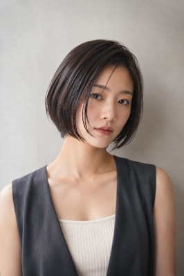 前髪なし　王道ボブ　ショートボブ　小顔　美人ボブ　ハイライト