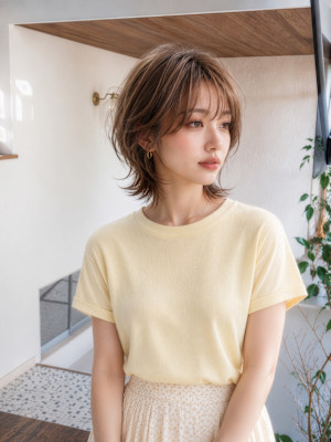 シフォンベージュの外ハネショートウルフ