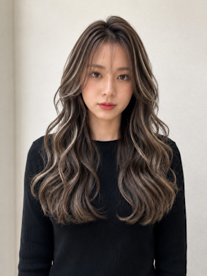 ハイライト×グレージュロング 顔まわりレイヤー 韓国風