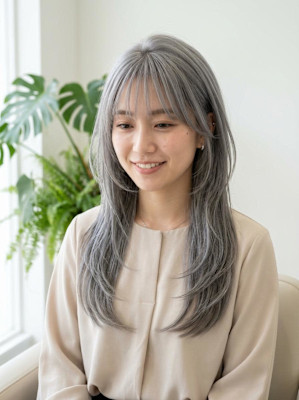  ロングウルフカット/シルバーグレー/顔周りレイヤー/内はね